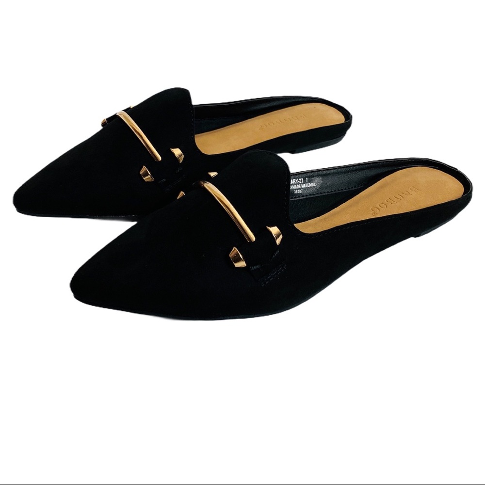 Bamboo Black Suede Pointed Toe Rose Gold Bit Mules - Picture 2 of 6